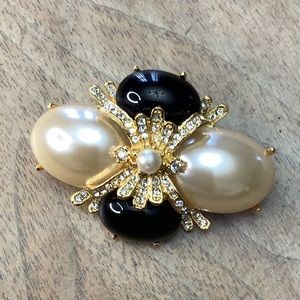 Joan Rivers Vintage Onyx and Mabe Pearl and Crystal Pin